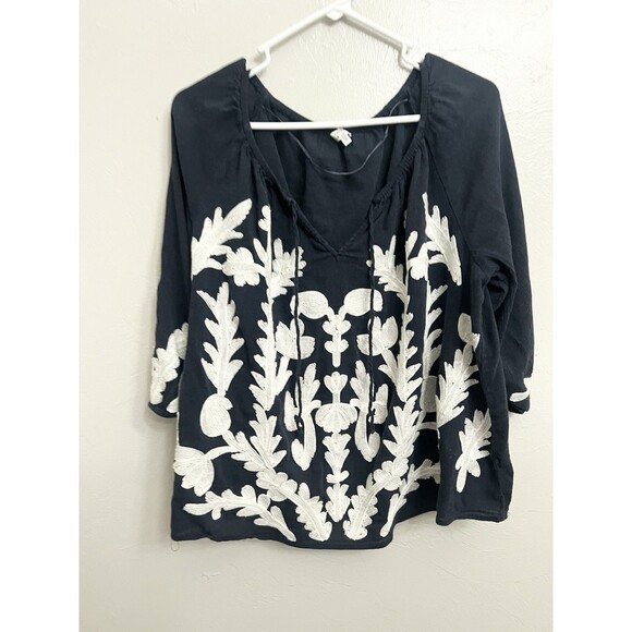 Crown Ivy Peasant Blouse 2X Blue Boxy Cotton Floral Embroidered Boho Resort Top - Picture 2 of 7